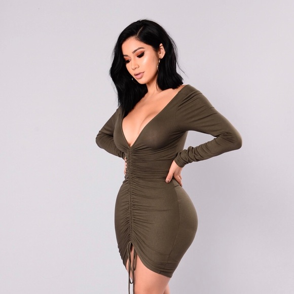 Olive Ruched Dress - Picture 1 of 4